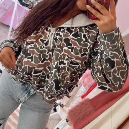 Sweat à capuche imprimé camouflage avec fermeture éclair quart de longueur
