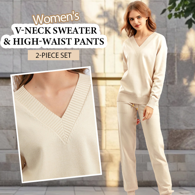 Ensemble 2 Pièces pour Femme – Pull Col en V & Pantalon Taille Haute