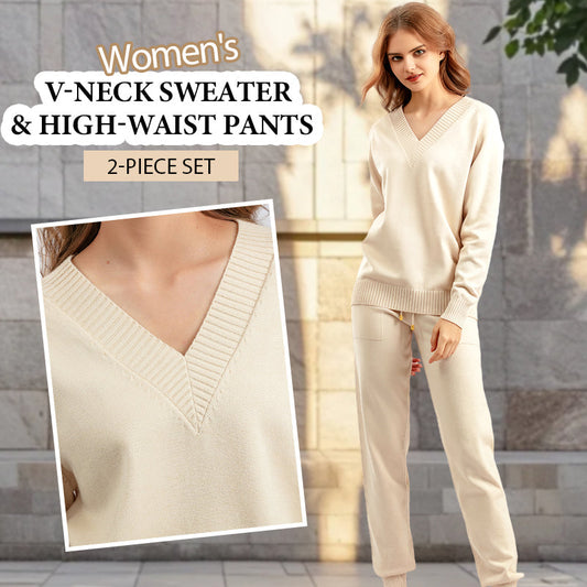 Ensemble 2 Pièces pour Femme – Pull Col en V & Pantalon Taille Haute
