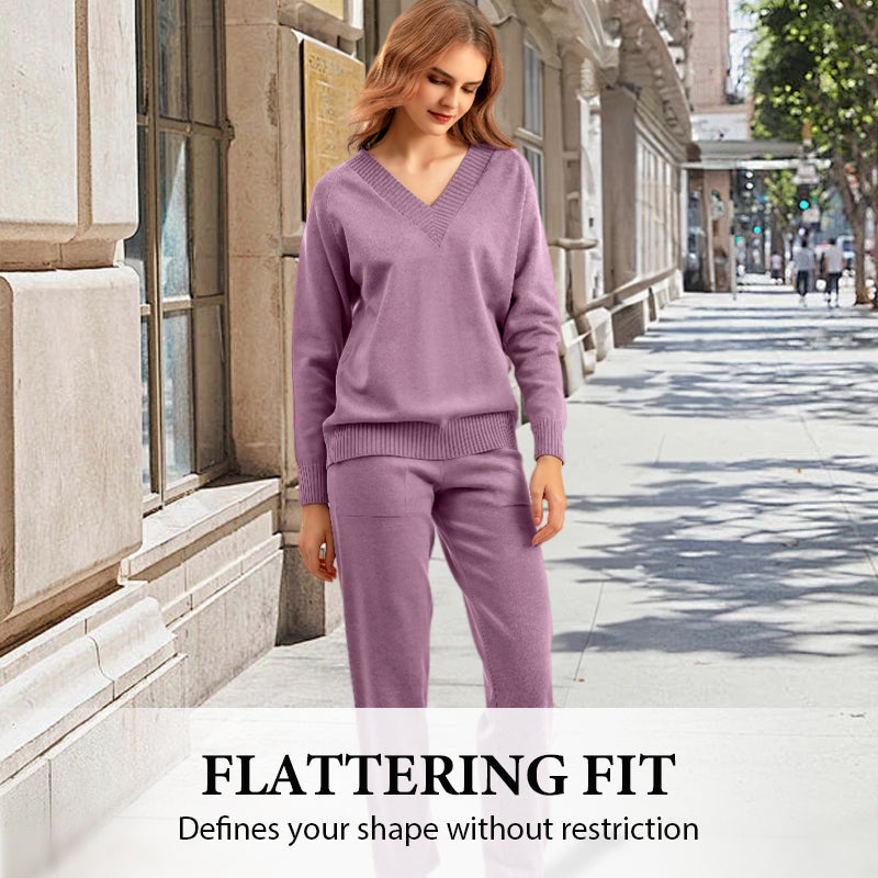 Ensemble 2 Pièces pour Femme – Pull Col en V & Pantalon Taille Haute