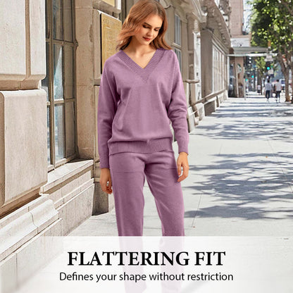 Ensemble 2 Pièces pour Femme – Pull Col en V & Pantalon Taille Haute