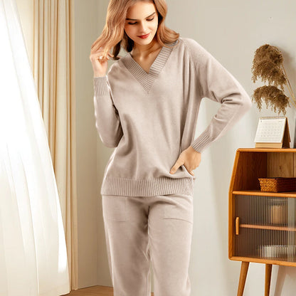 Ensemble 2 Pièces pour Femme – Pull Col en V & Pantalon Taille Haute