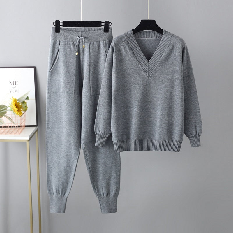Ensemble 2 Pièces pour Femme – Pull Col en V & Pantalon Taille Haute