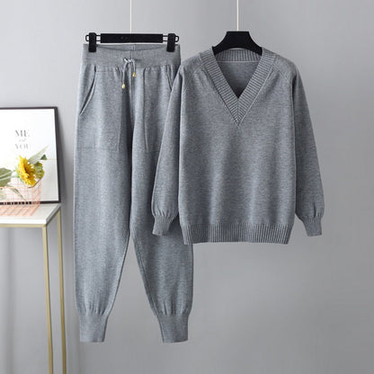 Ensemble 2 Pièces pour Femme – Pull Col en V & Pantalon Taille Haute