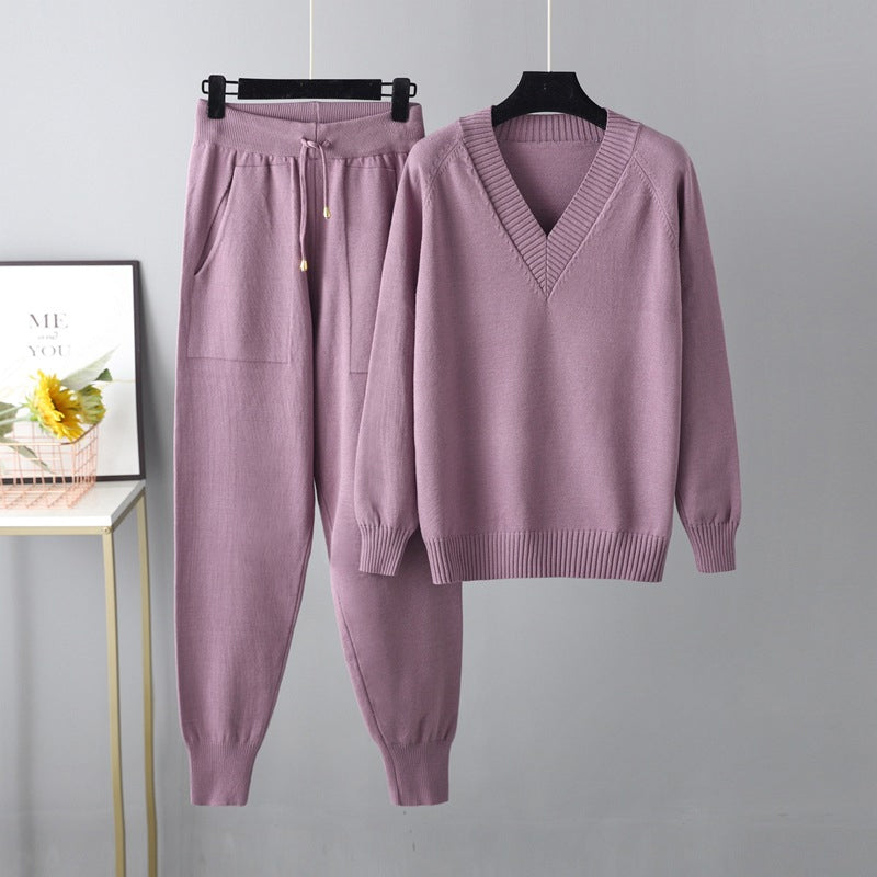 Ensemble 2 Pièces pour Femme – Pull Col en V & Pantalon Taille Haute