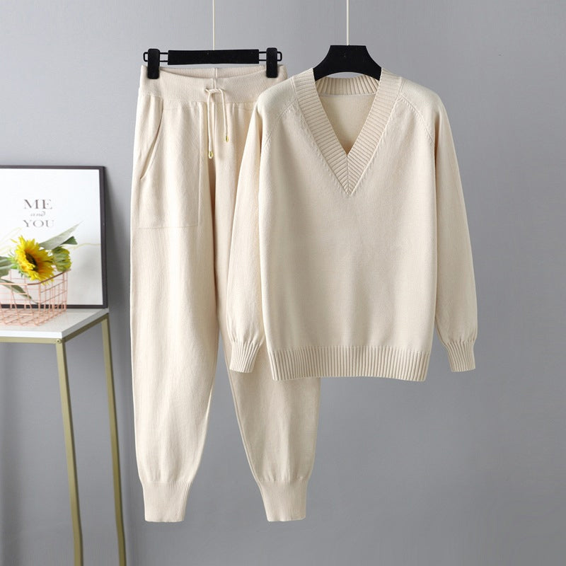 Ensemble 2 Pièces pour Femme – Pull Col en V & Pantalon Taille Haute