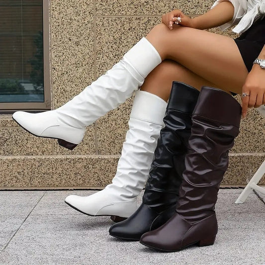 Bottes Hautes Plissées Décontractées pour Femme