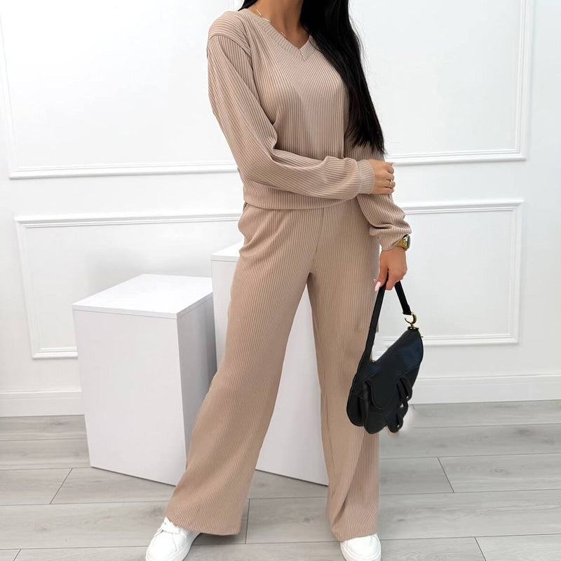 🌟Nouveautés : 50 % de réduction-Ensemble haut rayé à col en V et pantalon large