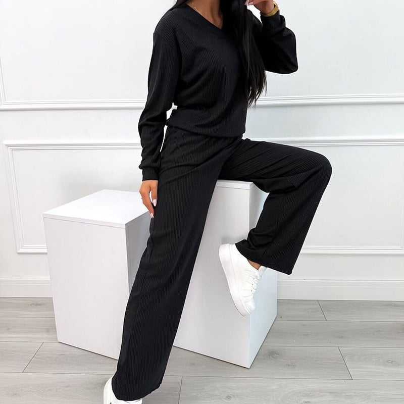 🌟Nouveautés : 50 % de réduction-Ensemble haut rayé à col en V et pantalon large
