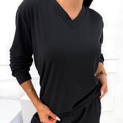 🌟Nouveautés : 50 % de réduction-Ensemble haut rayé à col en V et pantalon large