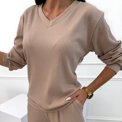 🌟Nouveautés : 50 % de réduction-Ensemble haut rayé à col en V et pantalon large