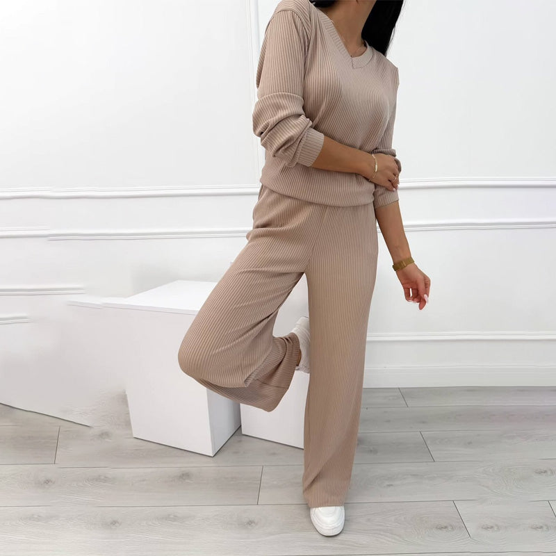 🌟Nouveautés : 50 % de réduction-Ensemble haut rayé à col en V et pantalon large