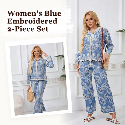 💥Offre à durée limitée : 50 % de réduction sur l'ensemble 2 pièces brodé bleu pour femme