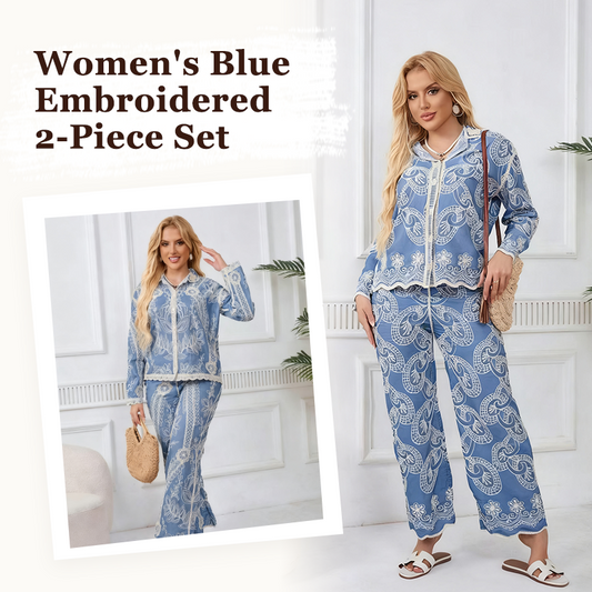 💥Offre à durée limitée : 50 % de réduction sur l'ensemble 2 pièces brodé bleu pour femme