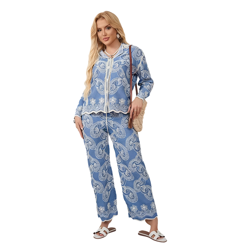 💥Offre à durée limitée : 50 % de réduction sur l'ensemble 2 pièces brodé bleu pour femme