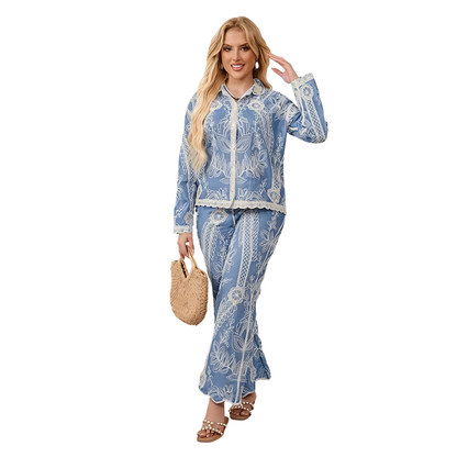 💥Offre à durée limitée : 50 % de réduction sur l'ensemble 2 pièces brodé bleu pour femme