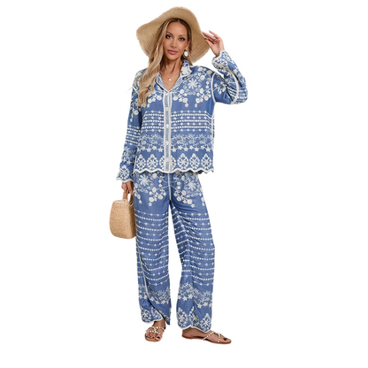 💥Offre à durée limitée : 50 % de réduction sur l'ensemble 2 pièces brodé bleu pour femme