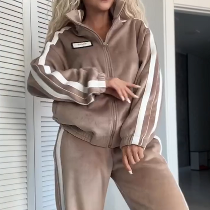 🎁【Livraison gratuite】Ensemble deux pièces femme – Veste & Pantalon avec color-block et taille élastique