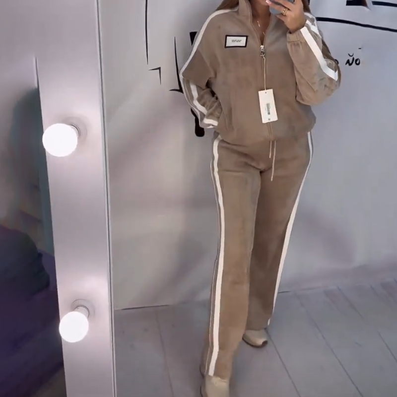 🎁【Livraison gratuite】Ensemble deux pièces femme – Veste & Pantalon avec color-block et taille élastique