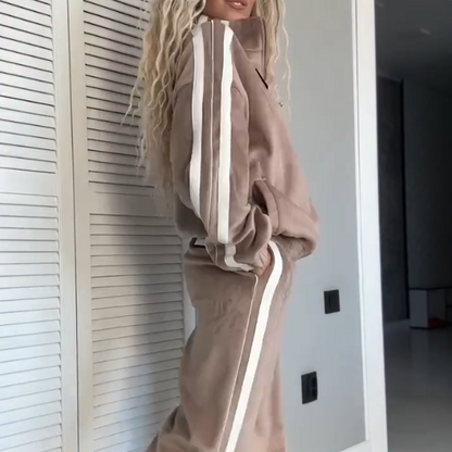 🎁【Livraison gratuite】Ensemble deux pièces femme – Veste & Pantalon avec color-block et taille élastique