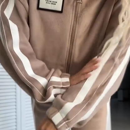 🎁【Livraison gratuite】Ensemble deux pièces femme – Veste & Pantalon avec color-block et taille élastique