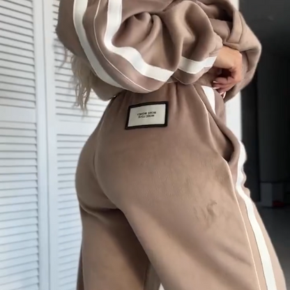 🎁【Livraison gratuite】Ensemble deux pièces femme – Veste & Pantalon avec color-block et taille élastique