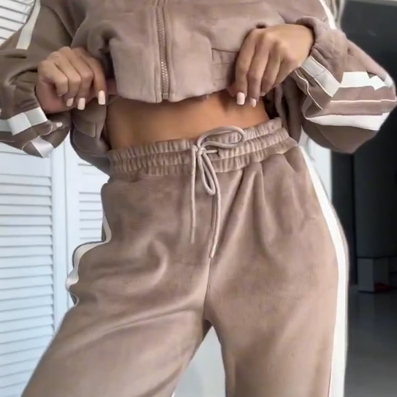 🎁【Livraison gratuite】Ensemble deux pièces femme – Veste & Pantalon avec color-block et taille élastique