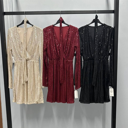 🔥Offre à durée limitée - Robe longue à manches longues et col en V scintillant pour femme, avec ceinture à nouer à la taille
