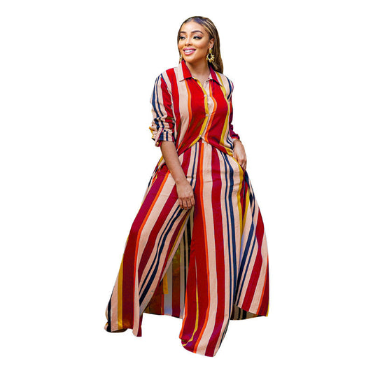 Damen-Set, langärmeliges gestreiftes Gewand + Hose, zweiteiliges Set