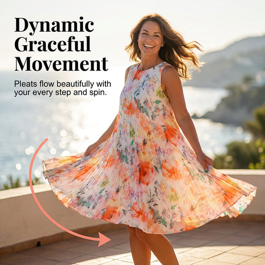 🔥Zeitlich begrenztes Angebot-Ärmelloses Midikleid mit Plissee und Blumenprint und betonter Taille