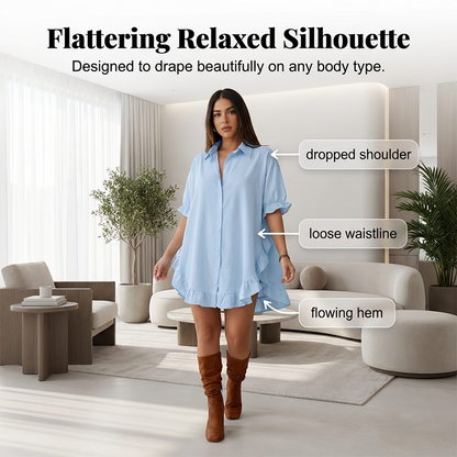 🔥Zeitlich begrenztes Angebot-Oversized-Minikleid für Damen mit Knopfleiste und Rüschen am Saum