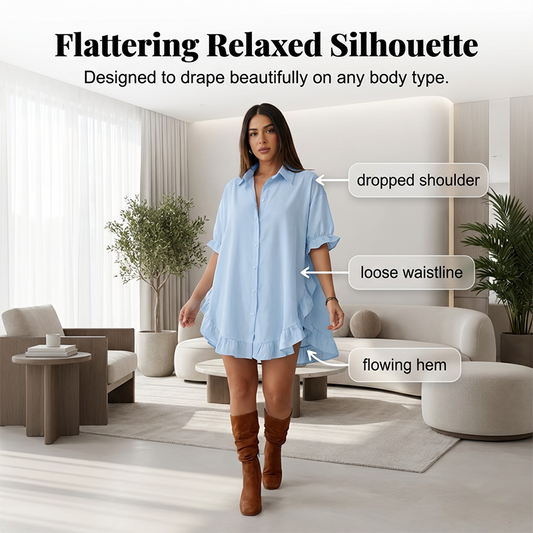 🔥Zeitlich begrenztes Angebot-Oversized-Minikleid für Damen mit Knopfleiste und Rüschen am Saum