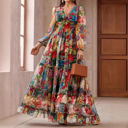 🎨 Hochwertig verarbeitetes Maxikleid mit Blumenprint – V-Ausschnitt, Puffärmel, mehrlagiger Volantrock 🌸✨ | Ideal für den Alltag & romantische Dates 💕
