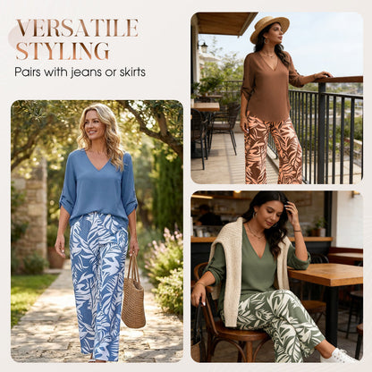 💥 HALBPREIS DEAL 👗 Damen Zweiteiler – elegante V-Neck Bluse + weite Print-Hose 🔥 Perfekt für Sommer & Alltag ☀️