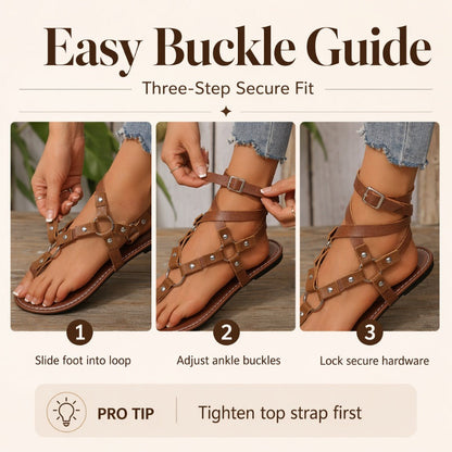 Women Flat Strappy Sandals Gladiator Rivet Ankle Strap Toe Loop Beach Shoes